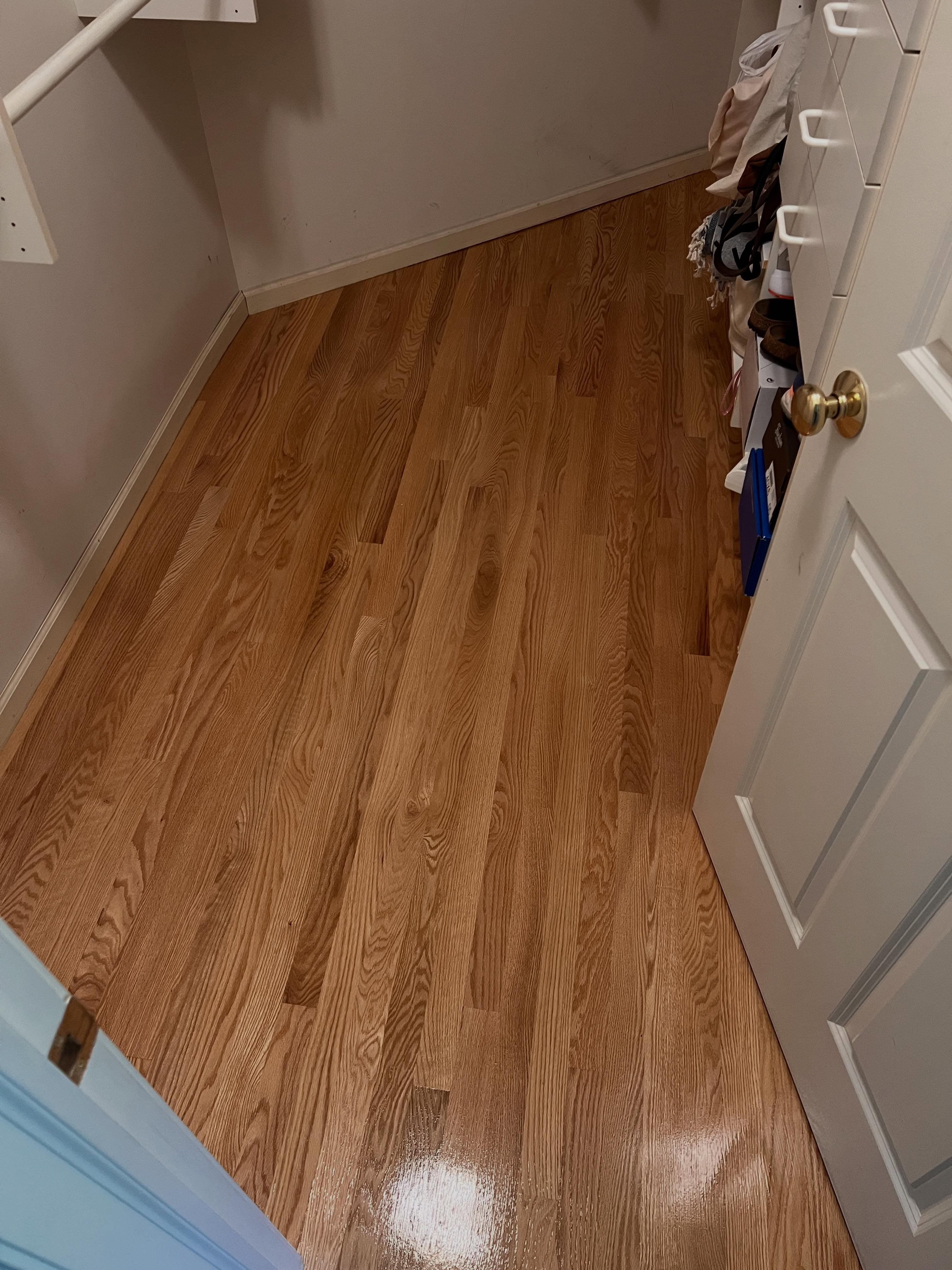 Recently installed hardwood floor in narrow hallway with white trim, honey-golden wood tone