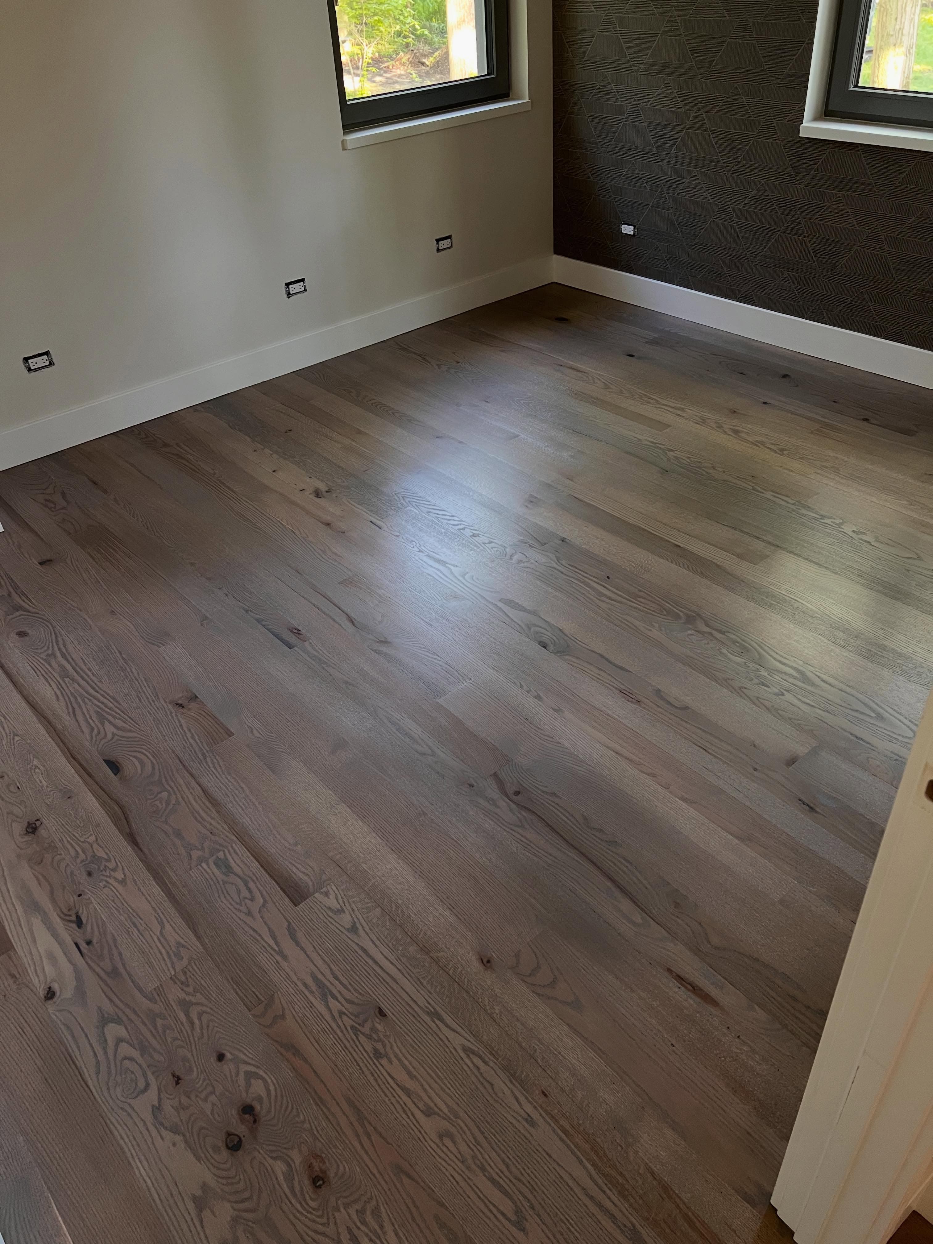 Empty room with mid-tone gray hardwood flooring, accent walls, two windows