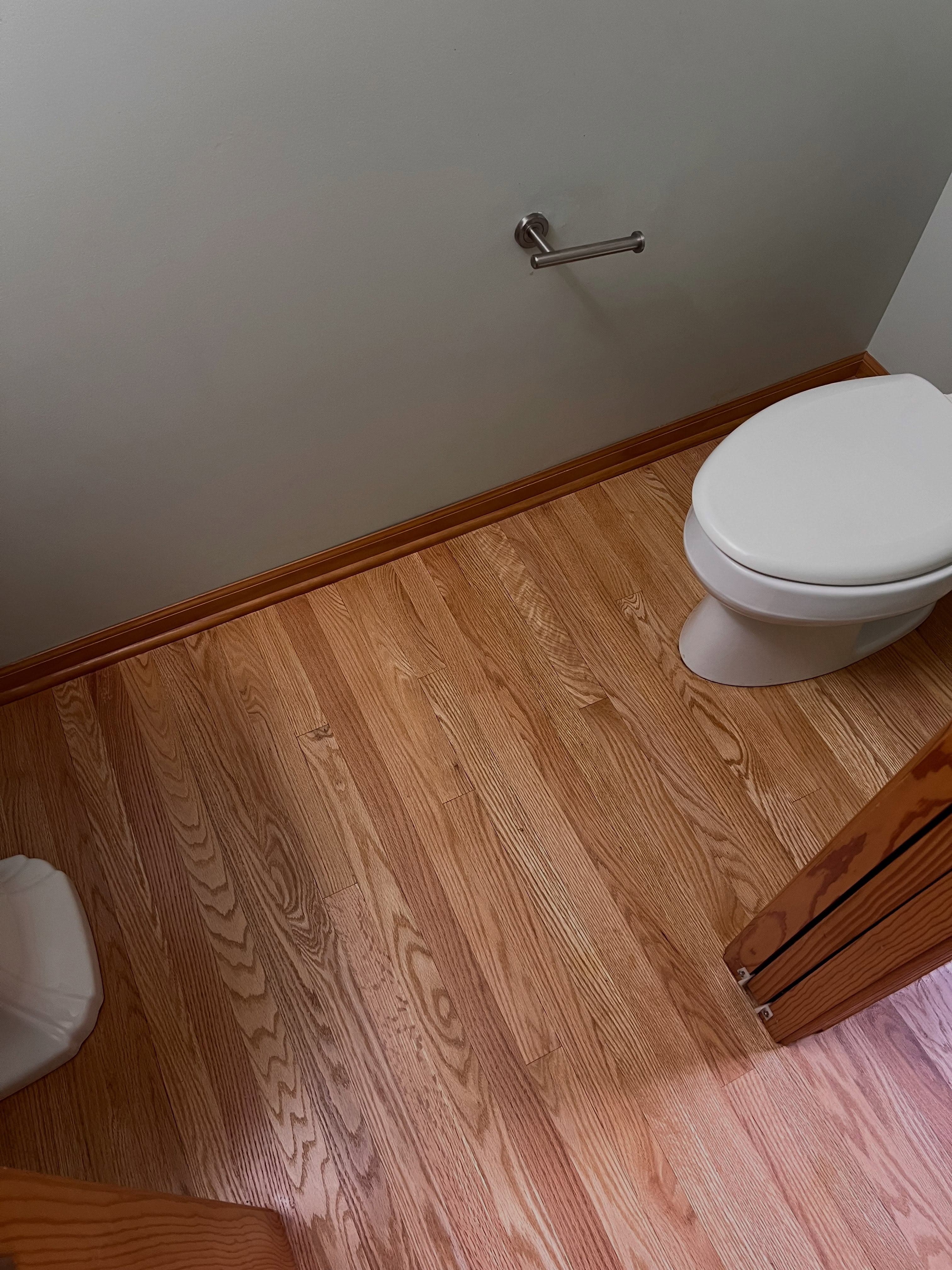 Bathroom with medium-brown wood plank flooring, white fixtures