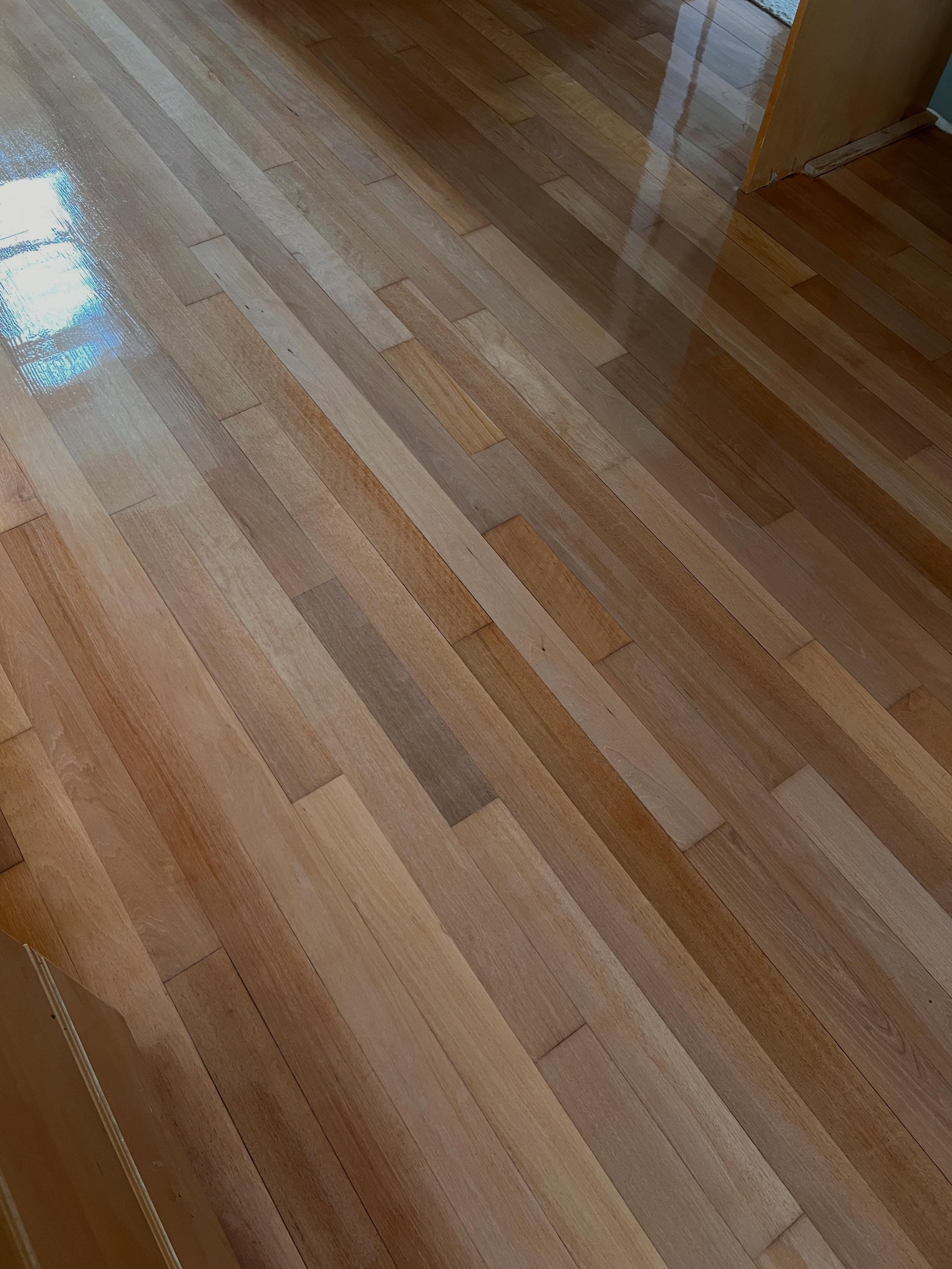 Close-up of polished engineered hardwood with alternating wood tones