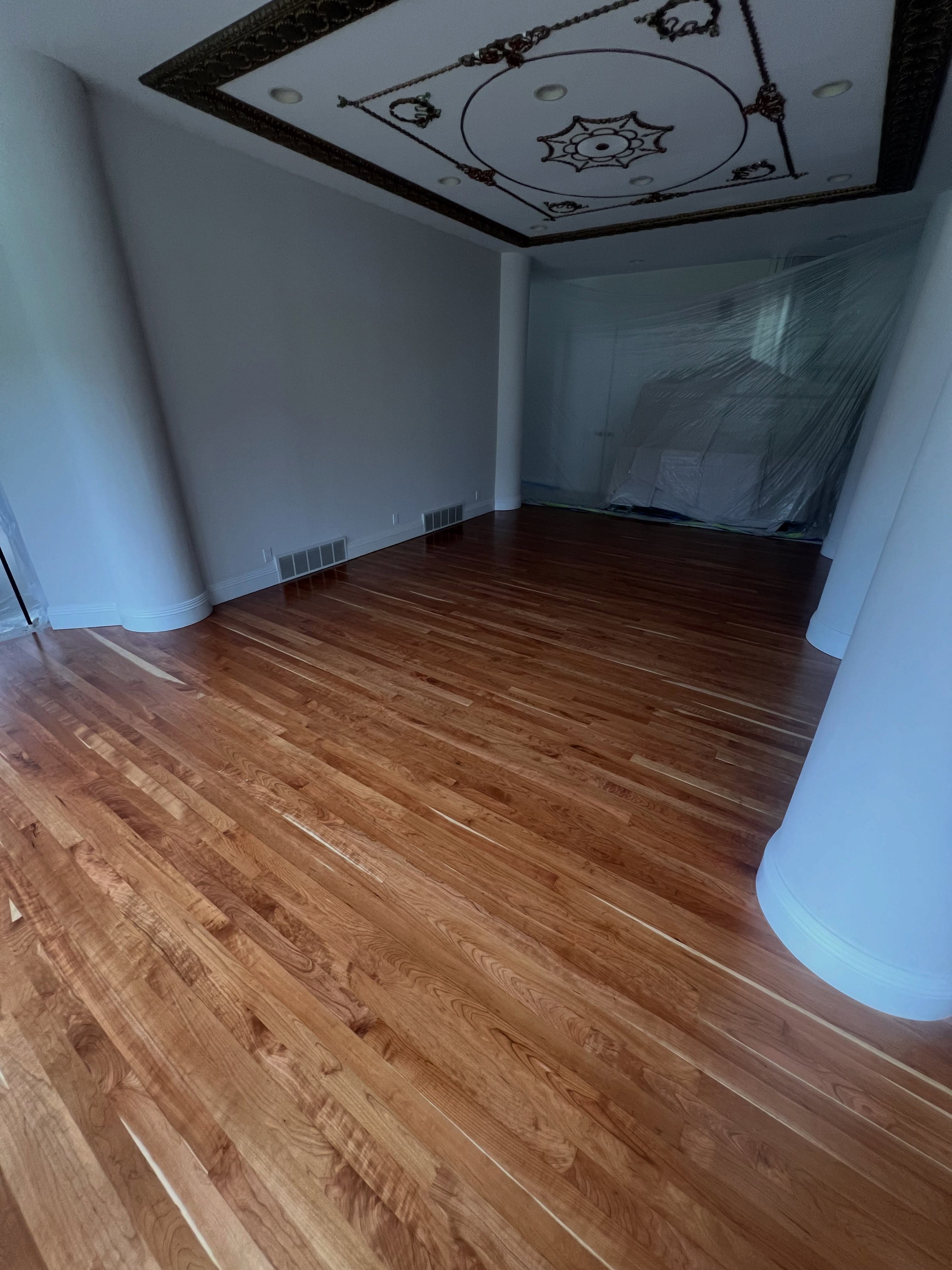 Empty room with freshly installed dark wood-grain laminate flooring